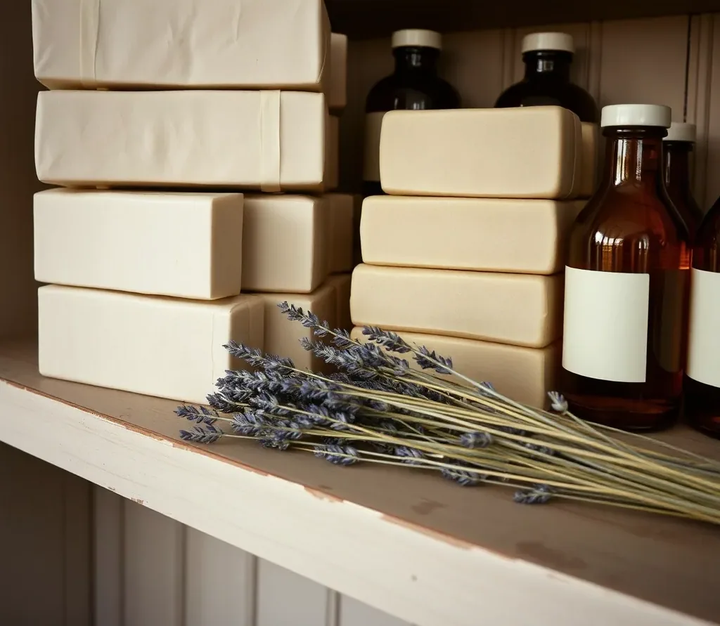 Stacked bars of pale handmade soap and amber bottles on a painted shelf with a bundle of dried lavender