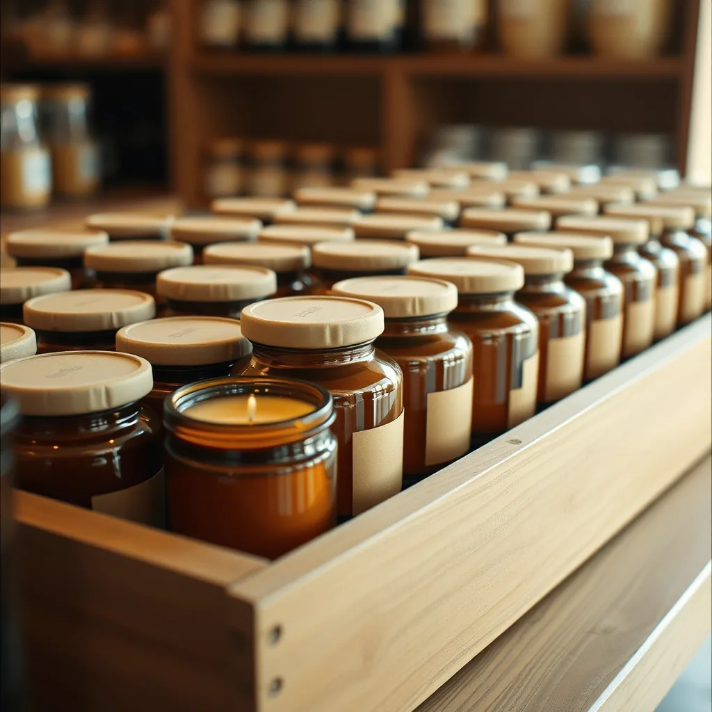 Rows of amber glass candle jars with plain wooden lids in a shallow wooden tray, one burning