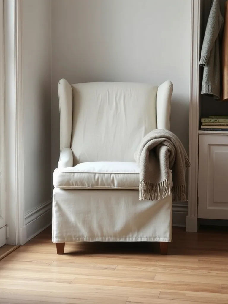 A cream slipcovered wing chair in a corner with a knitted throw over one arm