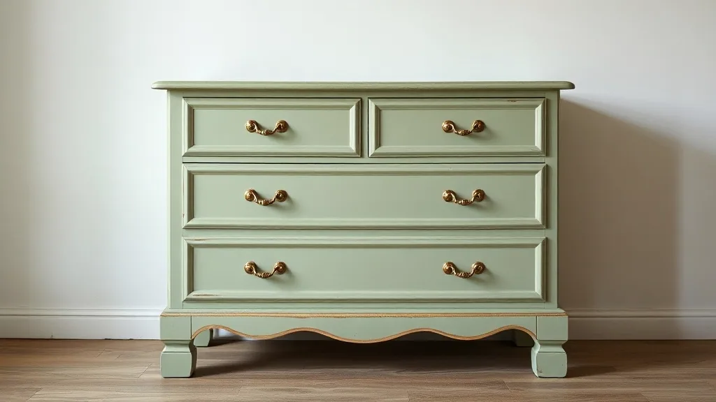 A sage green painted chest of drawers with brass swan neck pulls standing against a plain white wall