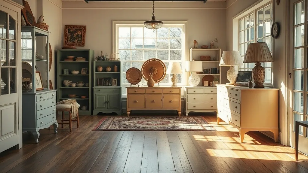A shop room staged with several painted cabinets and dressers, lamps and a patterned rug on a dark wood floor