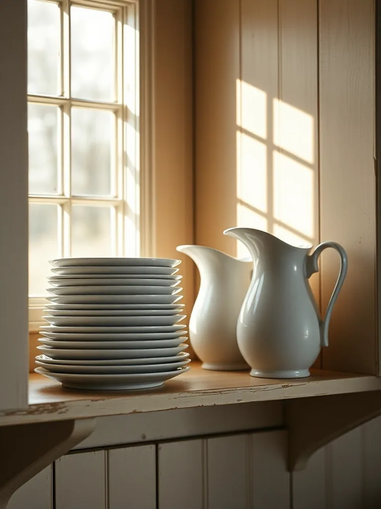 A stack of white ironstone plates and two white pitchers on a painted shelf beside a window