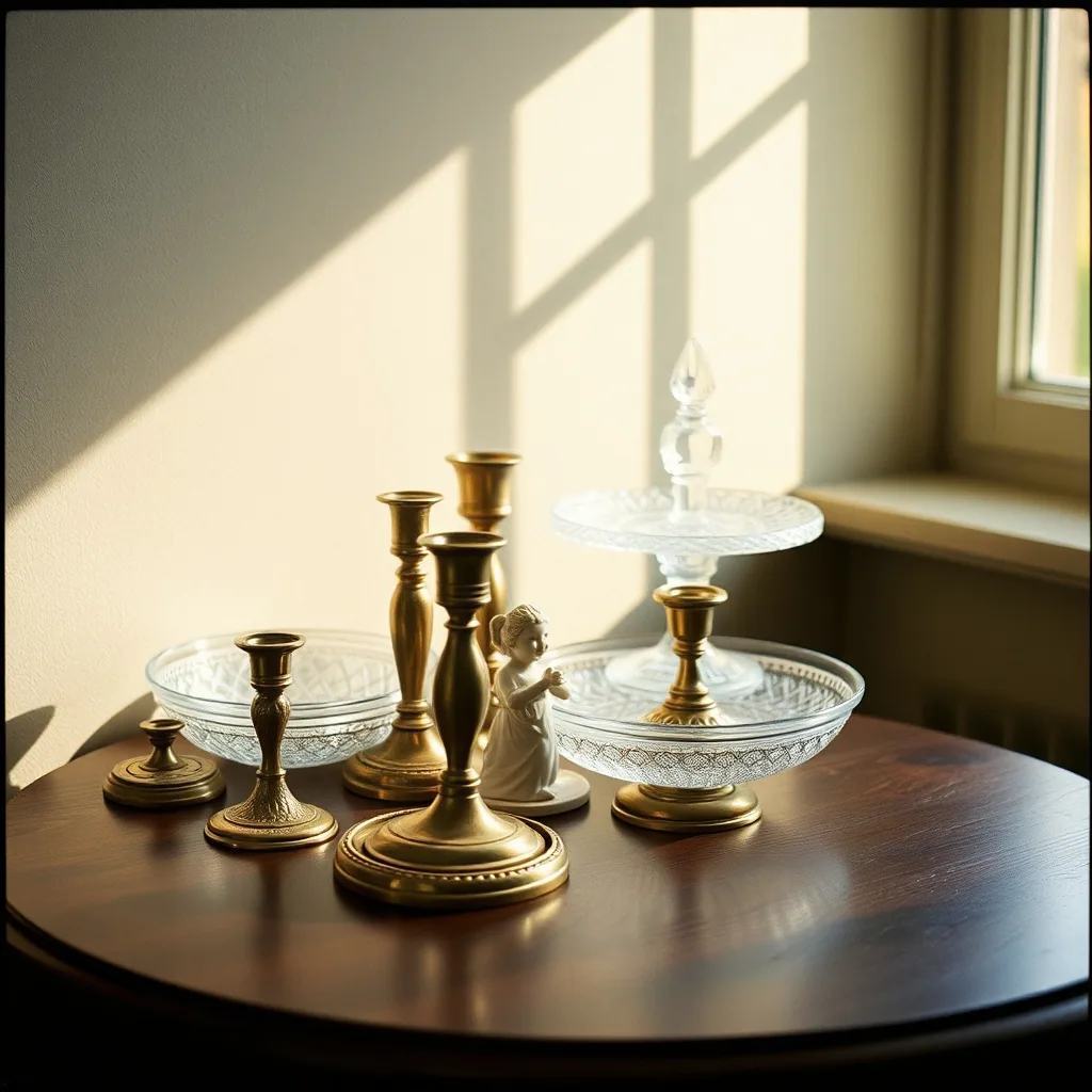Brass candlesticks, cut glass dishes and a small porcelain figure grouped on a dark wooden table in window light