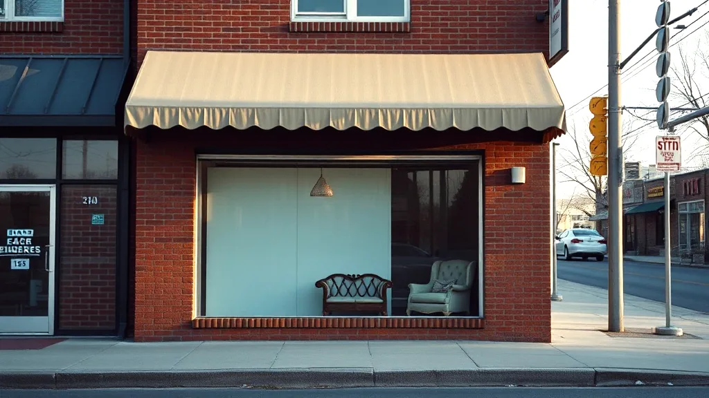 A red brick storefront with a plain cream awning and furniture staged in the plate glass window, seen from across a quiet street